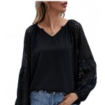 Black Women's Long Sleeve Notched Neck Blouse Top Contrast Lace Solid Shirt Black Women's Long Sleeve Notched Neck Blouse Top Contrast Lace Solid Shirt