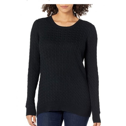 Black Women's Lightweight Long-Sleeve Cable Crewneck Sweater Black Women's Lightweight Long-Sleeve Cable Crewneck Sweater