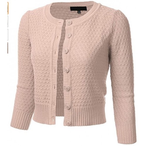 Fm3514_blush  Women's Button Down 3/4 Sleeve Crew Neck Cotton Knit Cropped Cardigan Sweater (S-3X) Fm3514_blush  Women's Button Down 3/4 Sleeve Crew Neck Cotton Knit Cropped Cardigan Sweater (S-3X)