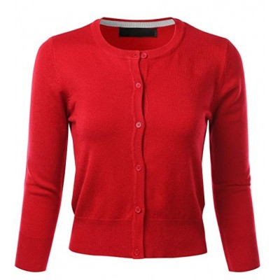 Women's Crew Neck Button Down 3/4 Sleeve Stretchy Knit Cardigan Sweater (S-L)