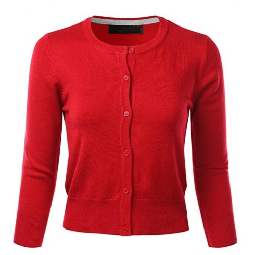 Women's Crew Neck Button Down 3/4 Sleeve Stretchy Knit Cardigan Sweater (S-L) Women's Crew Neck Button Down 3/4 Sleeve Stretchy Knit Cardigan Sweater (S-L)