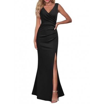 Women Sleeveless V Neck Split Evening Cocktail Long Dress
