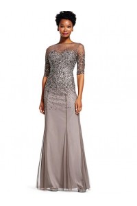 Women's 3/4 Sleeve Beaded Illusion Gown with Sweetheart Neckline