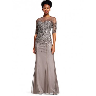 Women's 3/4 Sleeve Beaded Illusion Gown with Sweetheart Neckline